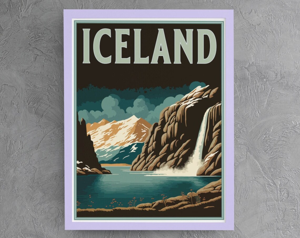 Iceland Waterfall Majestic Mountains Fjords Vintage Travel Poster