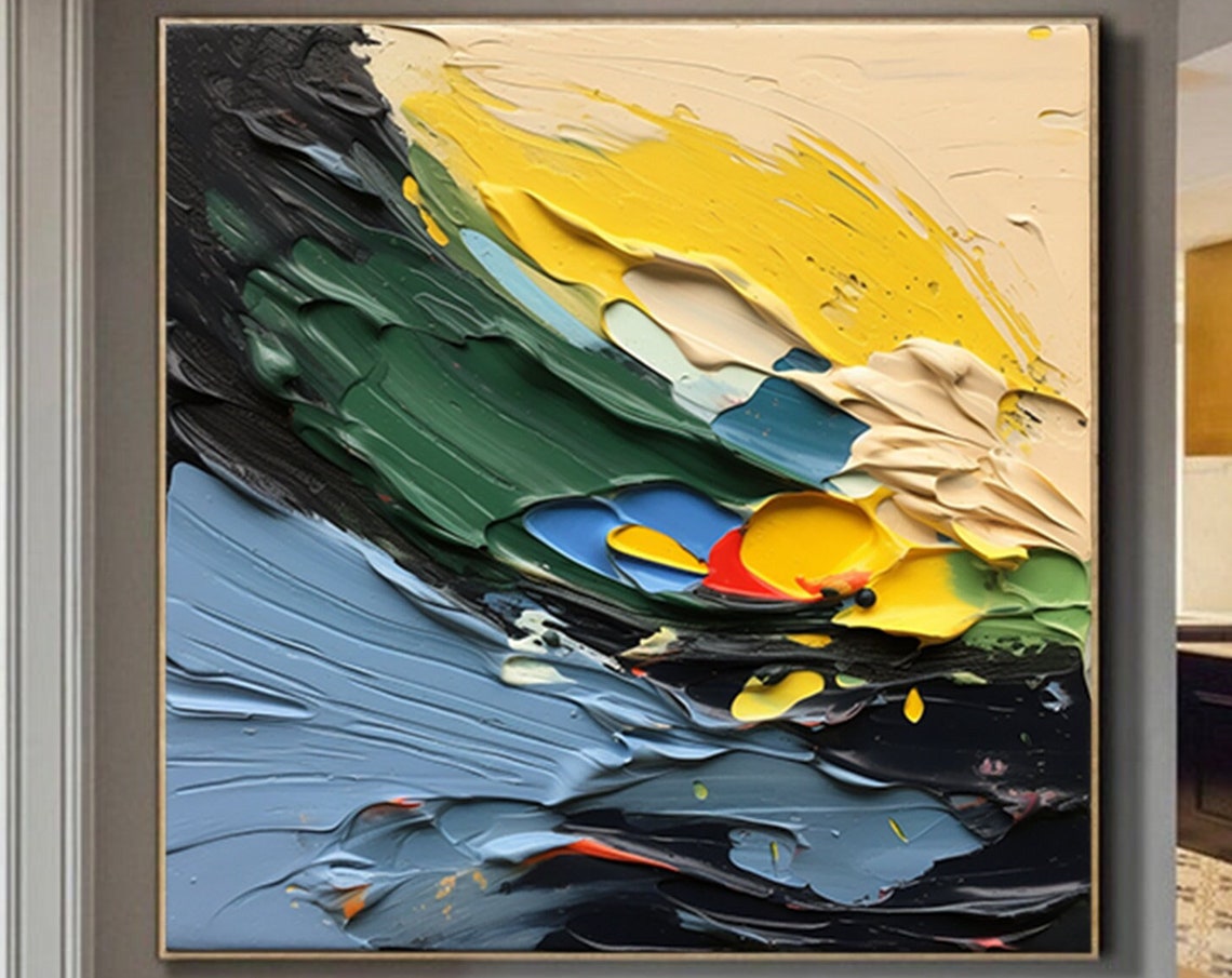 Bold Thick Impasto Abstract Waves In Green Yellow And Navy Poster