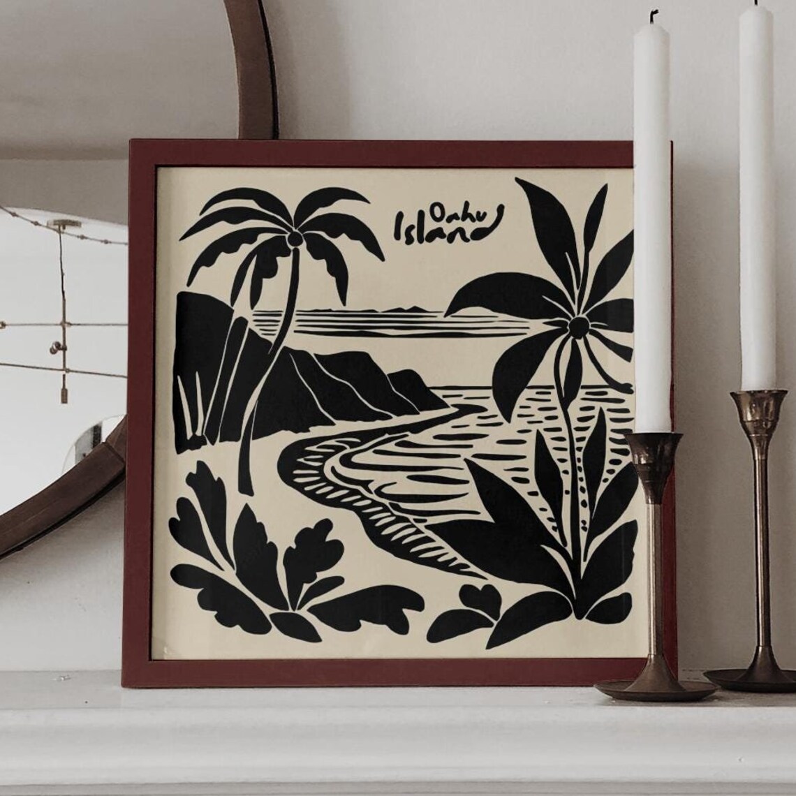 Oahu Island Black White Palm Cove Beach Square Graphic Art Poster - Image 5