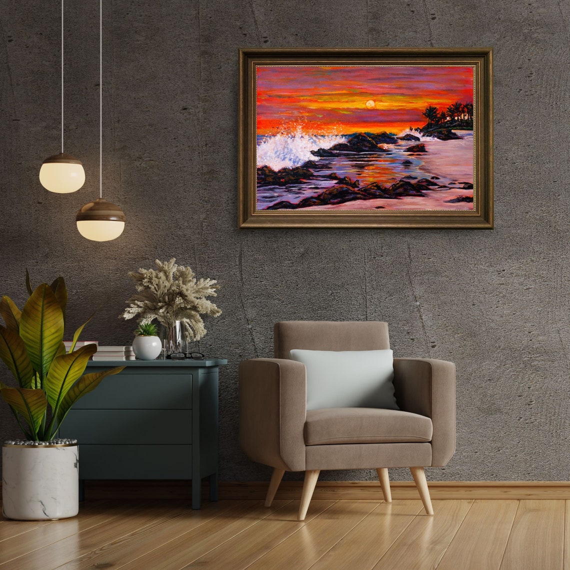 Rocky Shore Sunset Waves Crashing Golden Orange Seascape Poster - Image 3