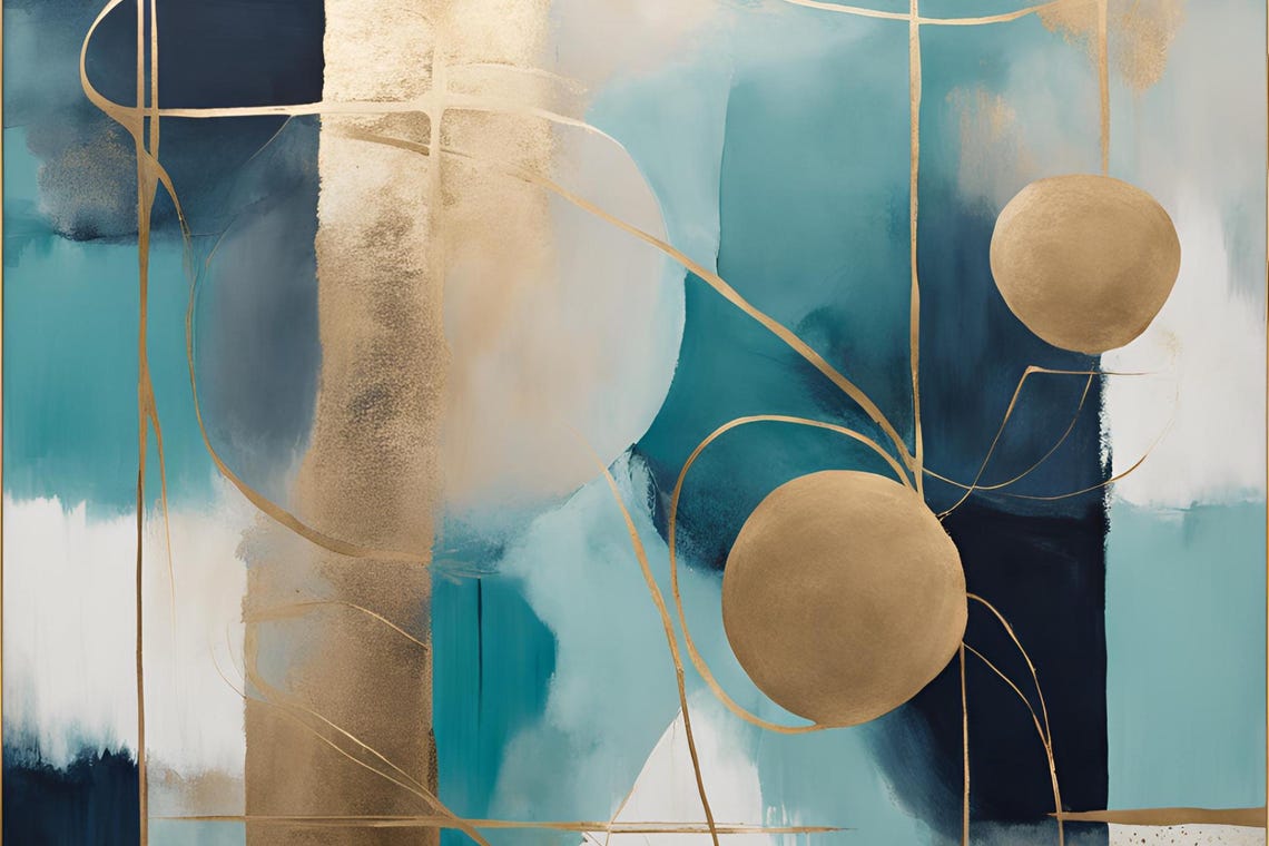 Abstract Teal Navy Gold Circles Linework Modern Office Art Poster - Image 5