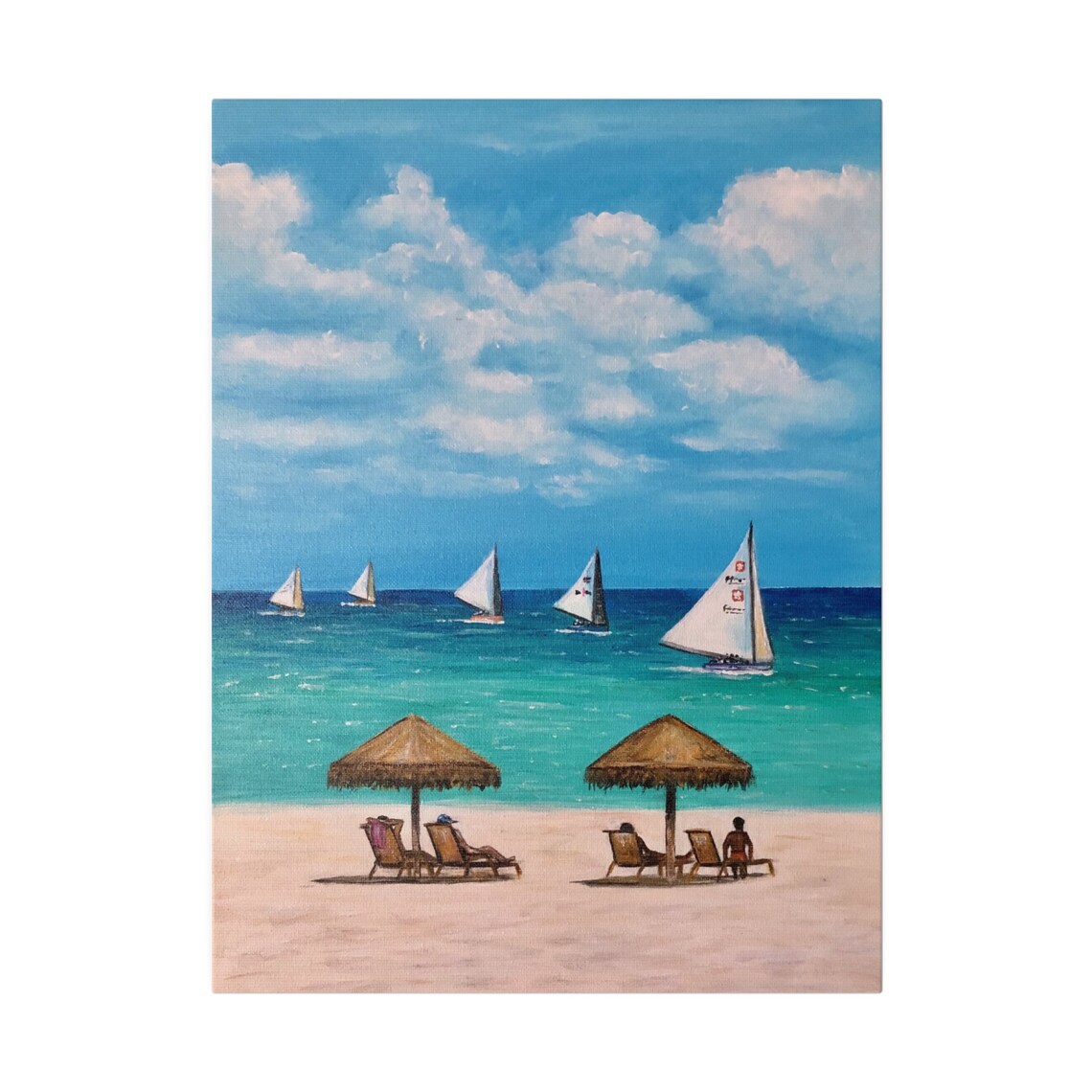 Sailboat Regatta Race Turquoise Beach Thatch Umbrella Coastal Poster - Image 5