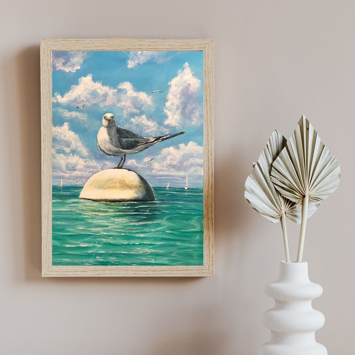 Seagull Perched On Buoy Turquoise Ocean Sky Sailboat Coastal Poster - Image 3