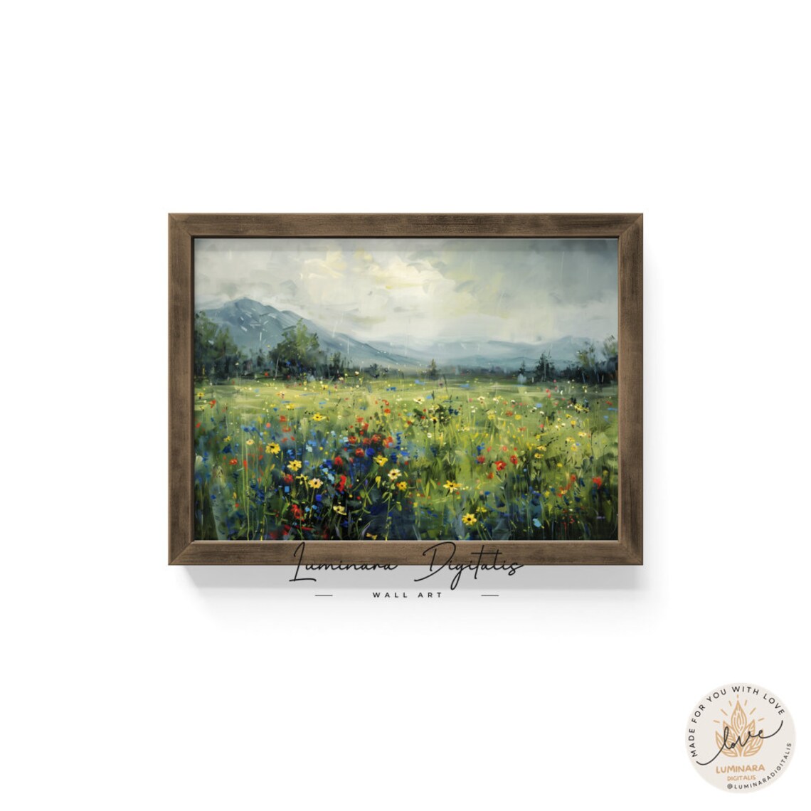 Rainy Meadow Of Wildflowers Beneath Misty Mountains Art Print - Image 6