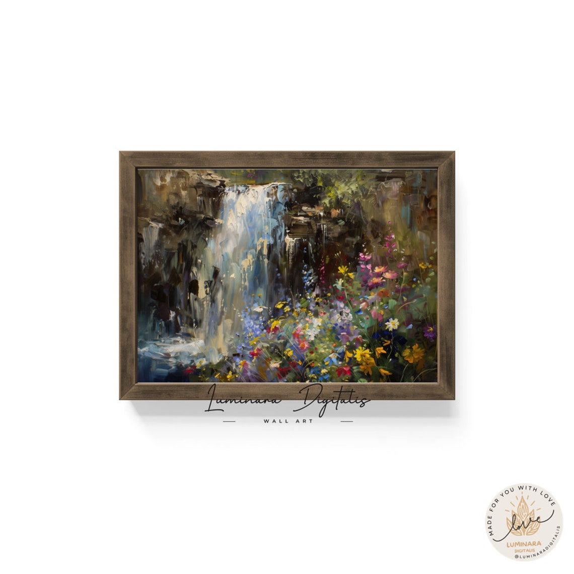 Waterfall Tumbling Over Dark Rocks Into Wildflower Meadow Poster - Image 6