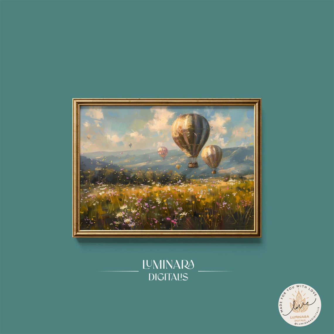 Golden Hour Hot Air Balloons Above Blooming Meadow Landscape Poster