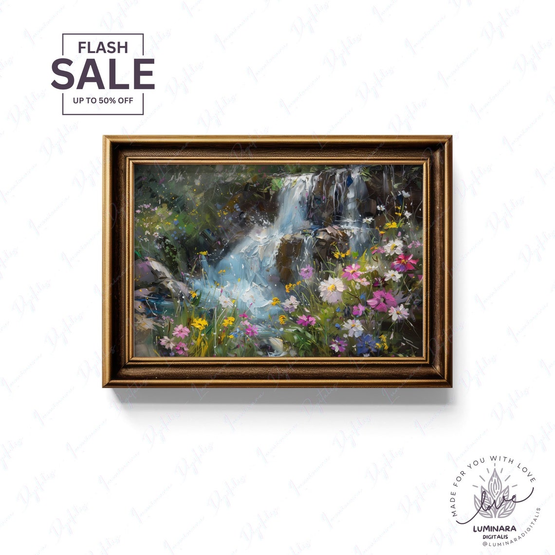 Waterfall Cascading Behind Colorful Wildflowers Impressionist Poster - Image 2