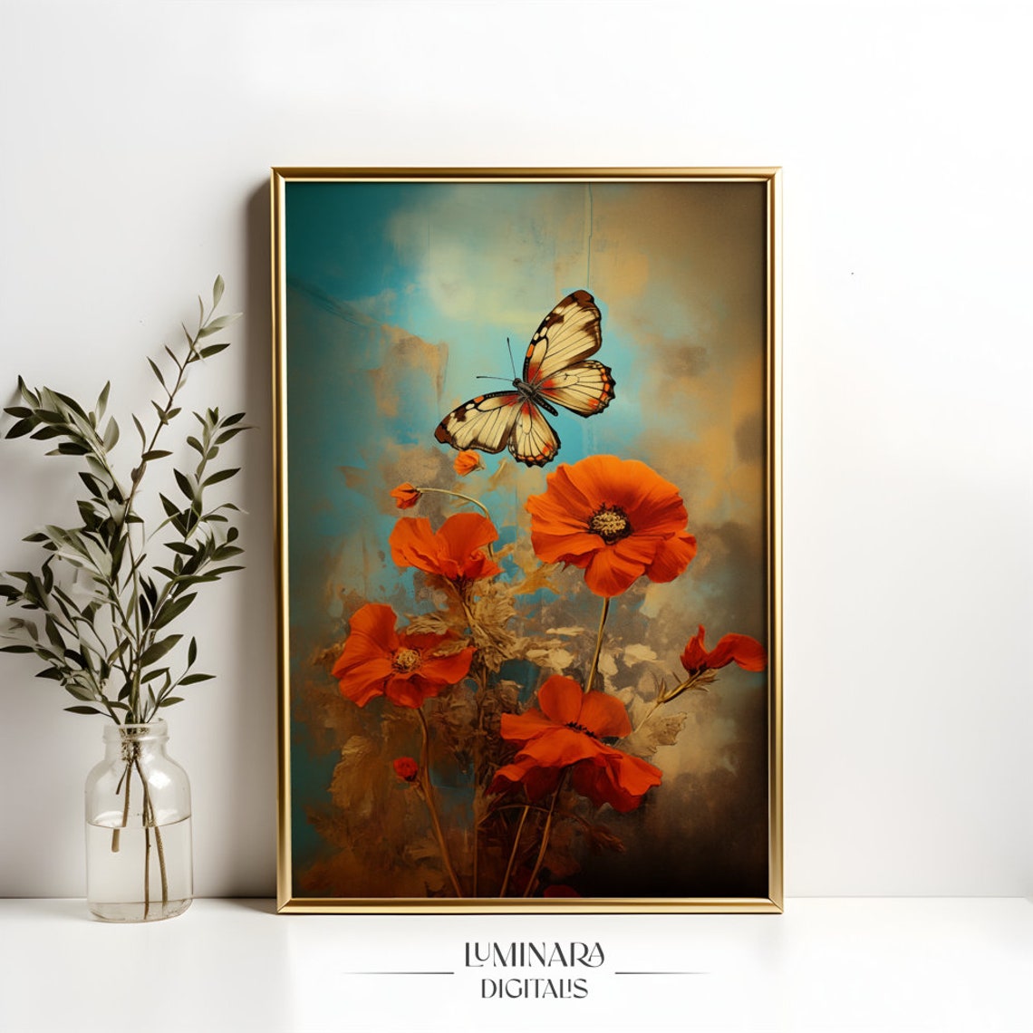 Butterfly Drifting Above Red Poppies Textured Impasto Art Poster - Image 4