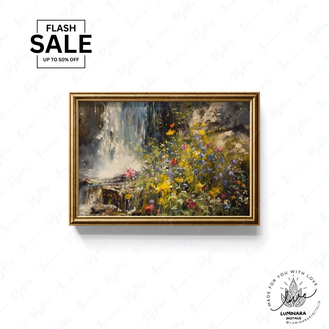 Waterfall Framed By Yellow And Blue Meadow Wildflowers Art Poster - Image 3