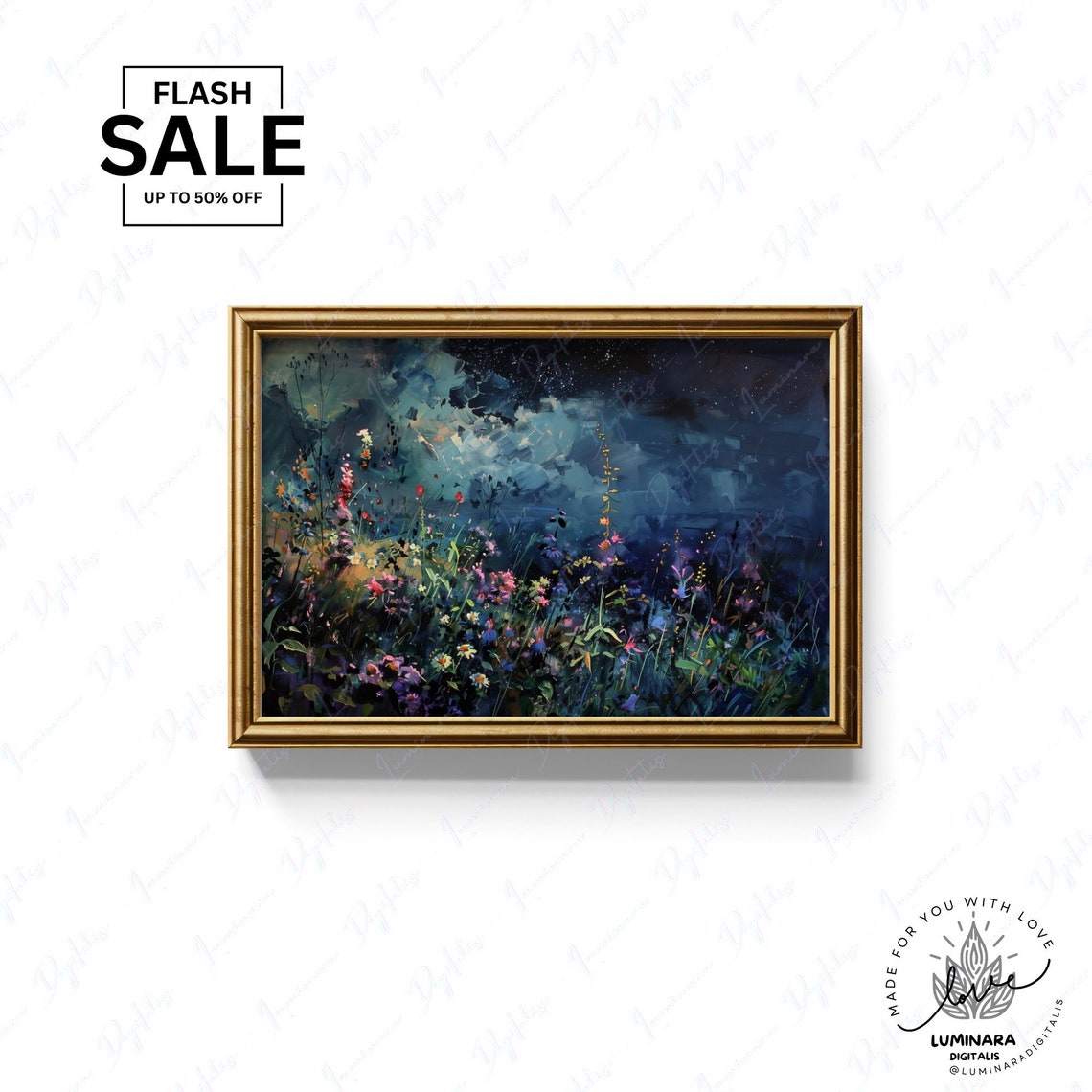 Midnight Garden Wildflowers Under A Starry Cloudy Night Sky Poster - Image 3
