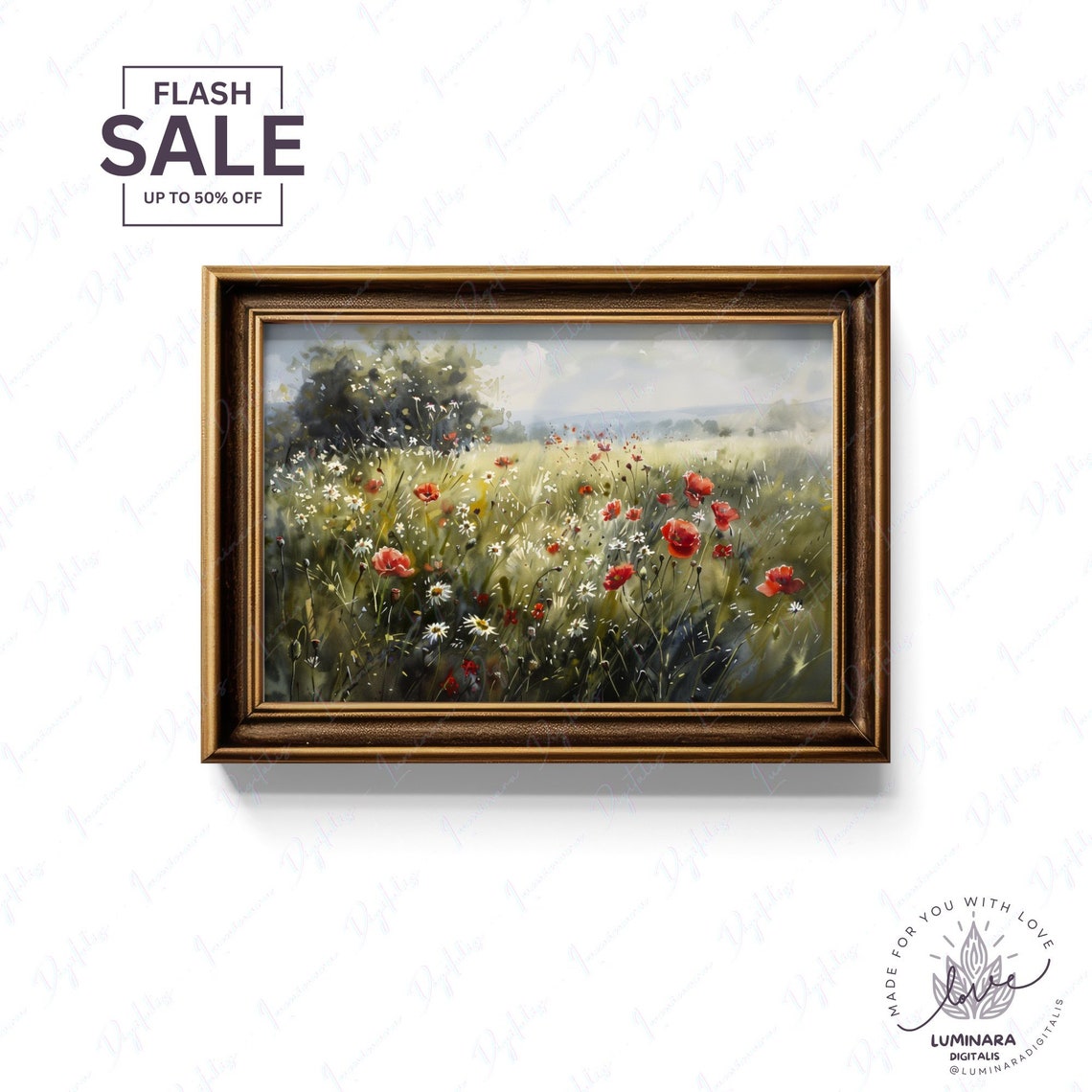Spring Meadow With Red Poppies And White Daisies Watercolor Poster - Image 2
