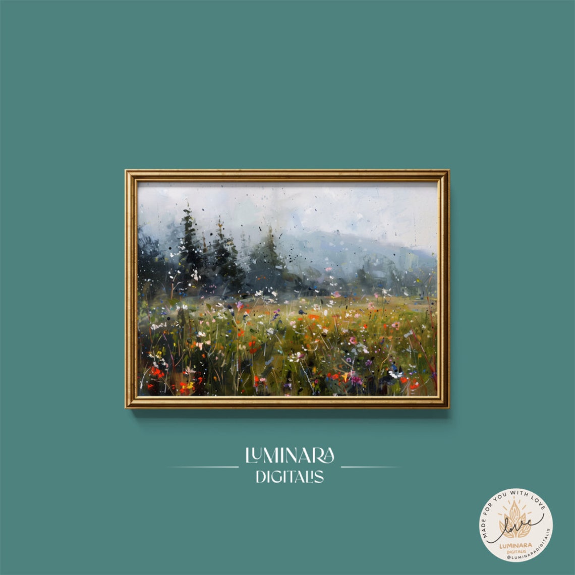 Misty Pine Forest Edge Above A Wildflower Meadow Impressionist Poster