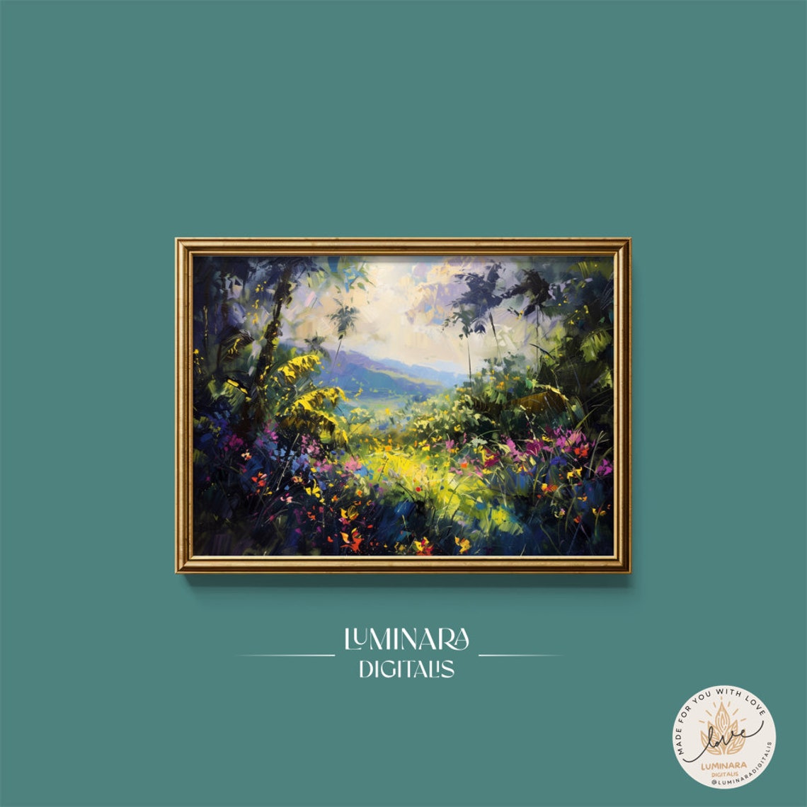 Tropical Floral Jungle With Palm Trees And Mountain View Wall Art