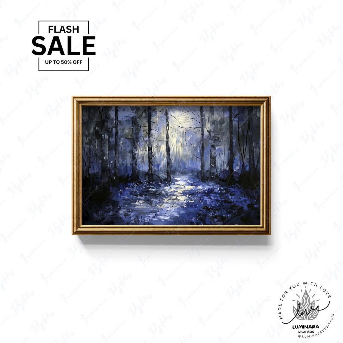Enchanted Bluebell Forest Moonlight Scene Wall Art Painting 163 Unique Artwork For Home Decor - Image 3