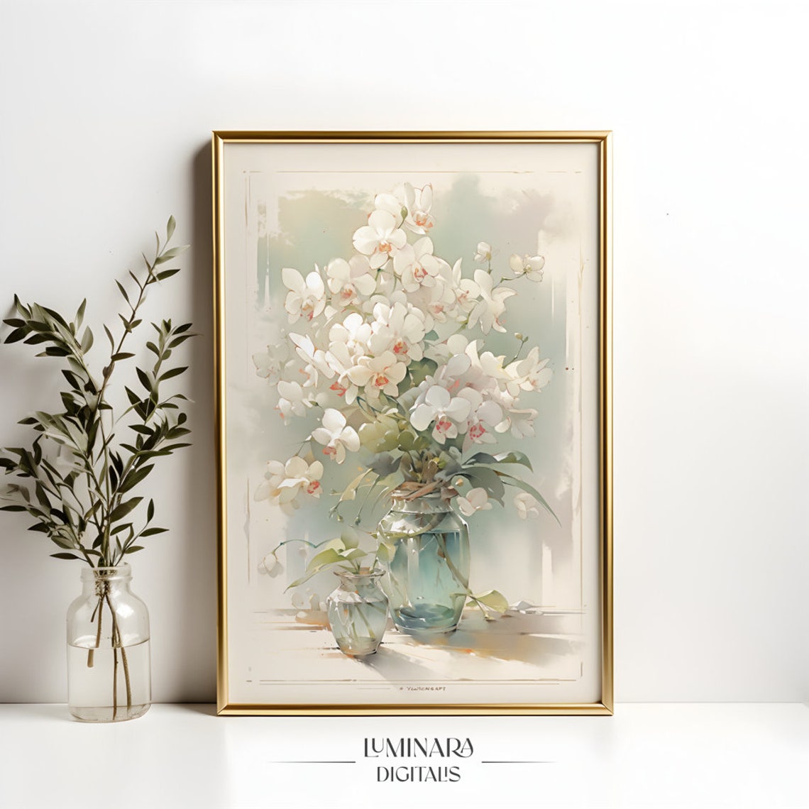 White Orchids In Glass Vases Soft Watercolor Botanical Art Print - Image 4