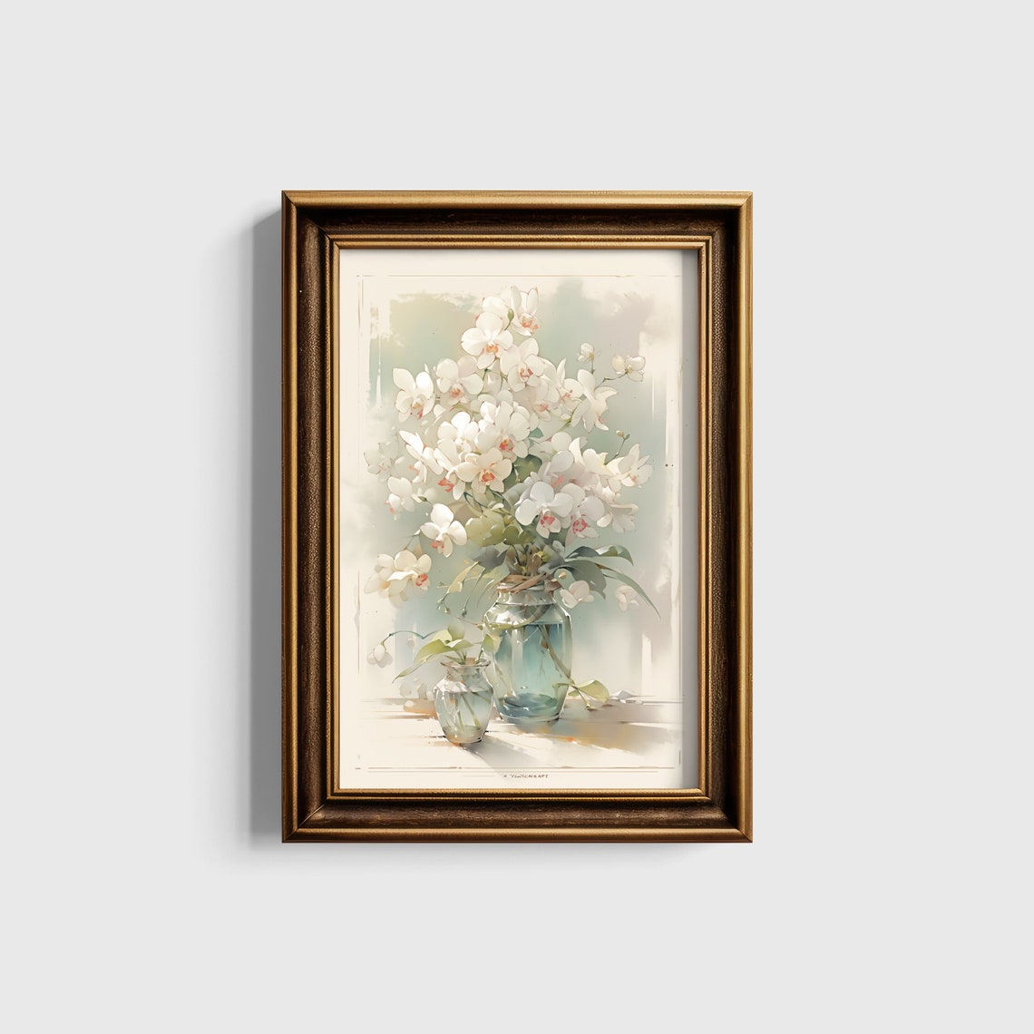 White Orchids In Glass Vases Soft Watercolor Botanical Art Print - Image 5