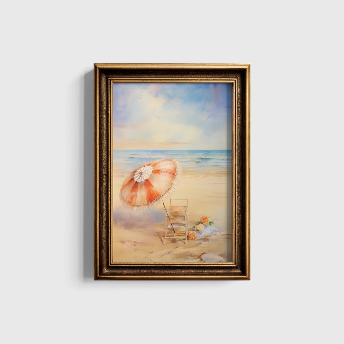 Striped Beach Umbrella And Wooden Chair Soft Coastal Art Print - Image 5