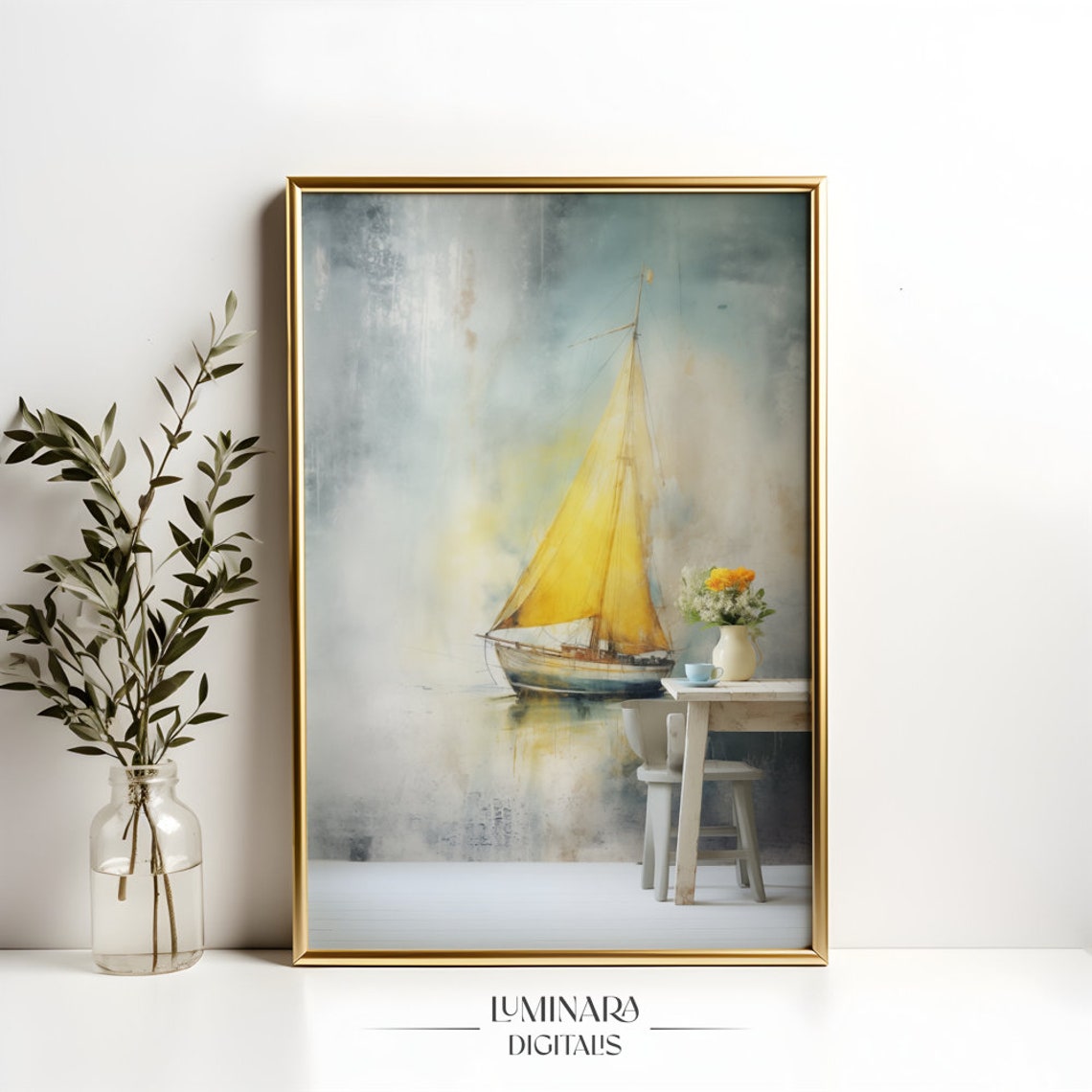 Dreamlike Sailboat With A Glowing Golden Sail Watercolor Print - Image 4