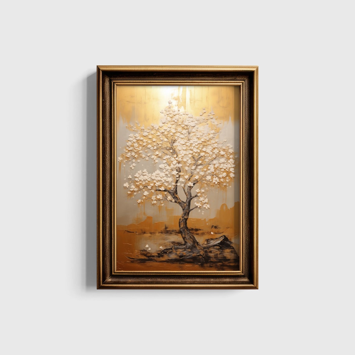 White Blossom Tree On A Golden Textured Background Art Print - Image 5