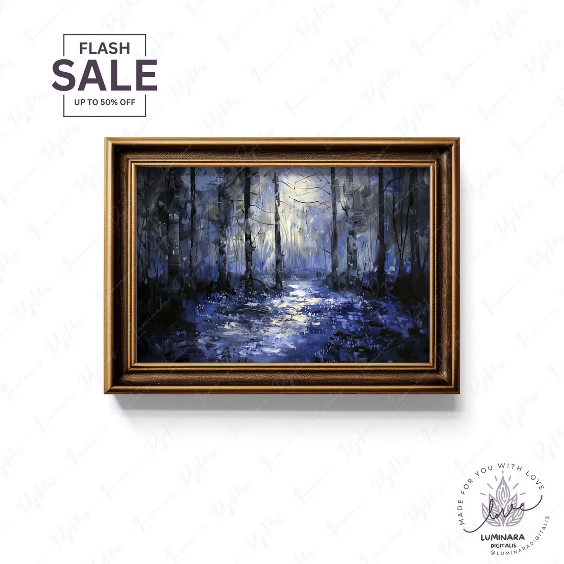 Moonlit Bluebell Forest At Night Enchanted Woodland Oil Poster - Image 2