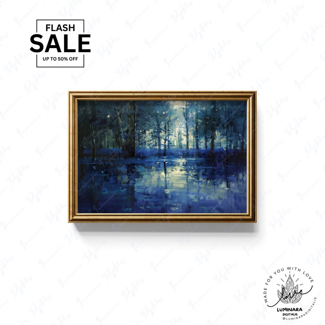 Wall Art Bluebell Forest Moonlight Painting Enchanted Nature Scene Wall Art Decor Art Print - Image 3
