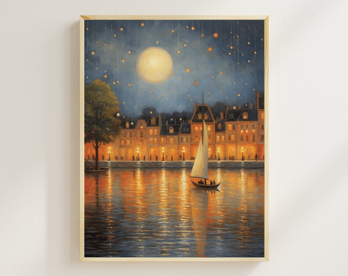 Stockholm Sweden Night Harbor Moonlit Sailboat Waterfront Wall Poster