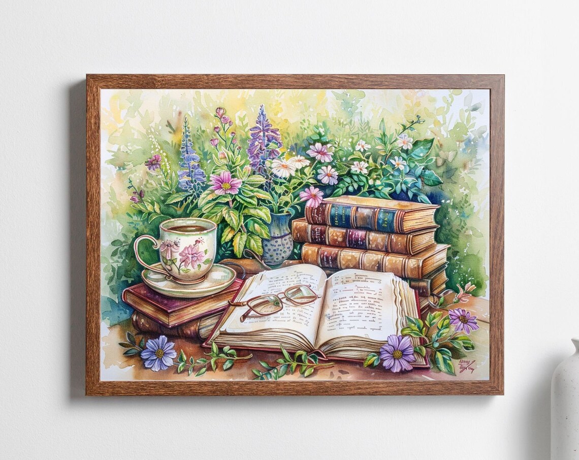 Watercolor Coffee And Books Print, Cozy Decor