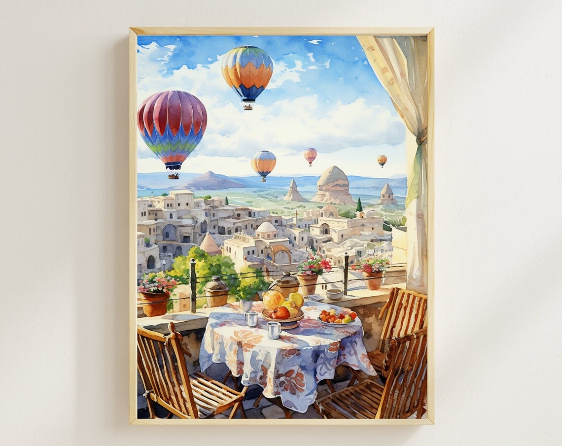 Cappadocia Hot Air Balloon Watercolor Terrace Breakfast Poster