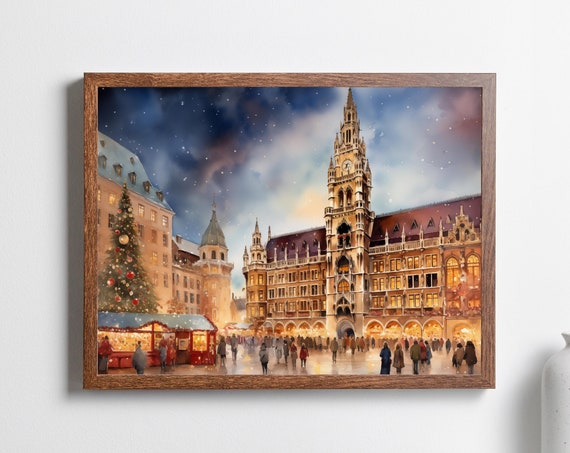 Munich Christmas Market Watercolor Travel Poster