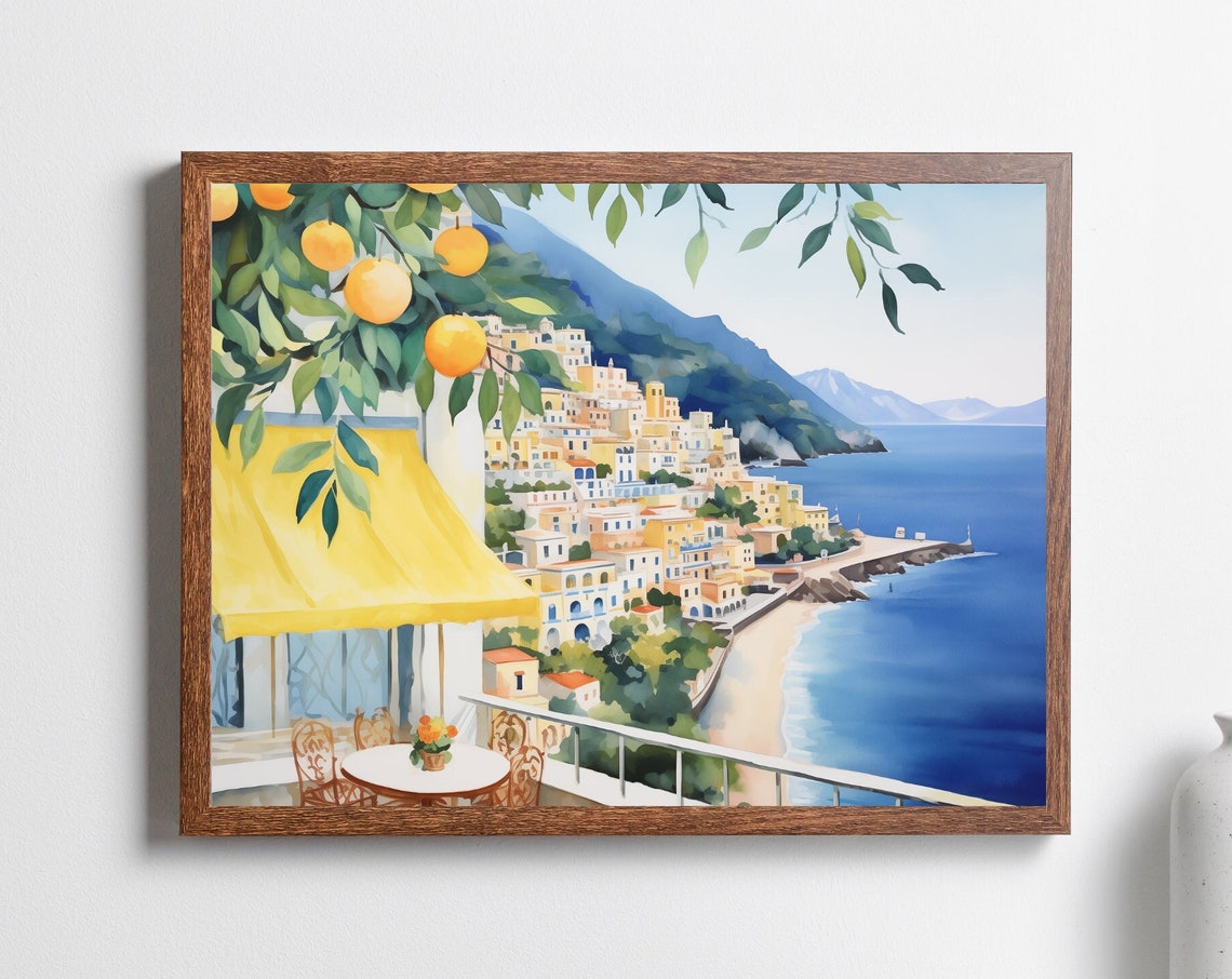Amalfi Coast Italy Watercolor Cliffside Town Seaside View Poster