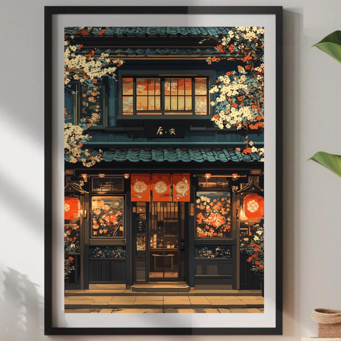 Tokyo Izakaya Cherry Blossom Red Noren Night Food Art Poster
