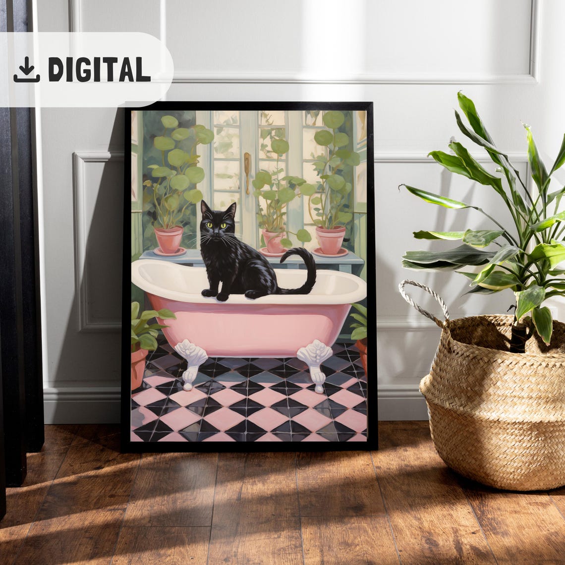 Black Cat Sitting In Pink Clawfoot Tub With Plants Bathroom Poster