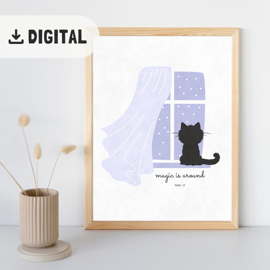 Black Cat Window Silhouette Magic Is Around Feel It Quote Cat Wall Art - Image 2
