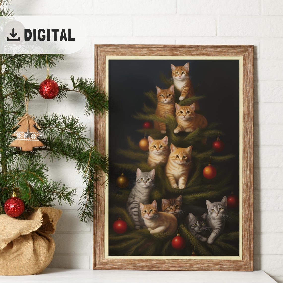 Kittens Sitting In Christmas Tree Classic Oil Painting Poster