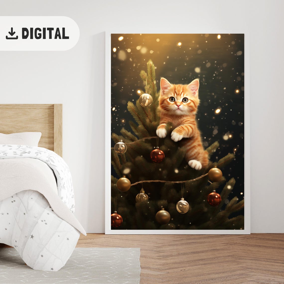 Orange Kitten Climbing Christmas Tree Gold Ornaments Poster Gift - Image 2