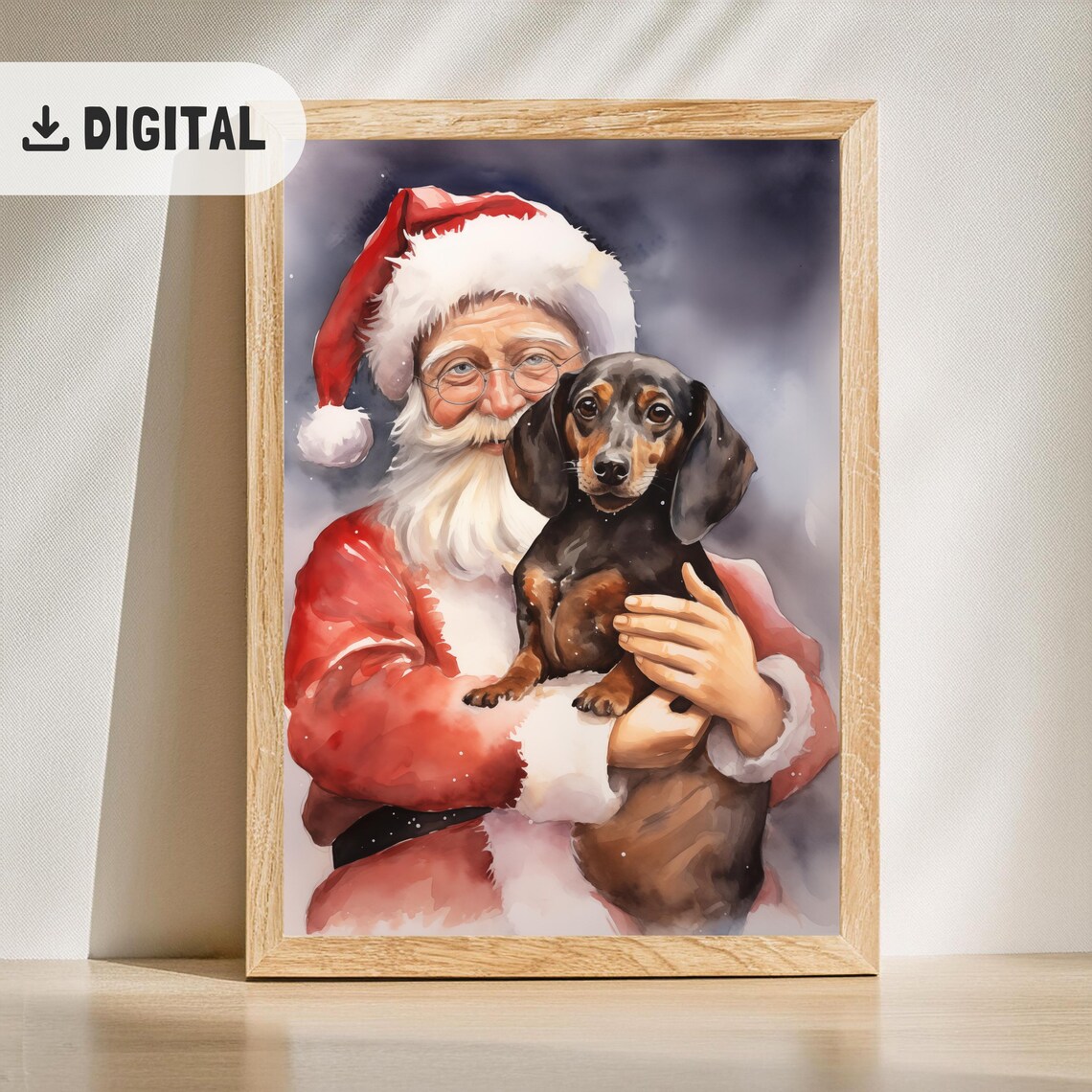 Santa Claus Holding Dachshund Puppy Watercolor Christmas Poster - Image 2