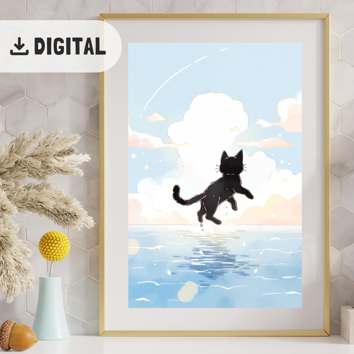 Black Cat Jumping Over Ocean Waves Joyful Watercolor Art Poster - Image 2