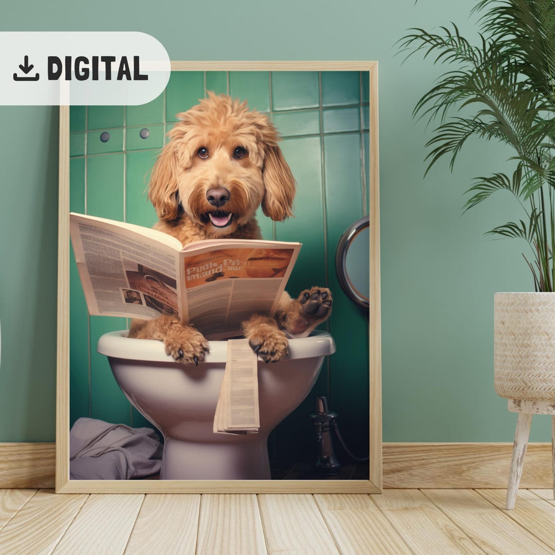 Smiling Goldendoodle Reading Newspaper on Toilet Teal Tile Poster - Image 2