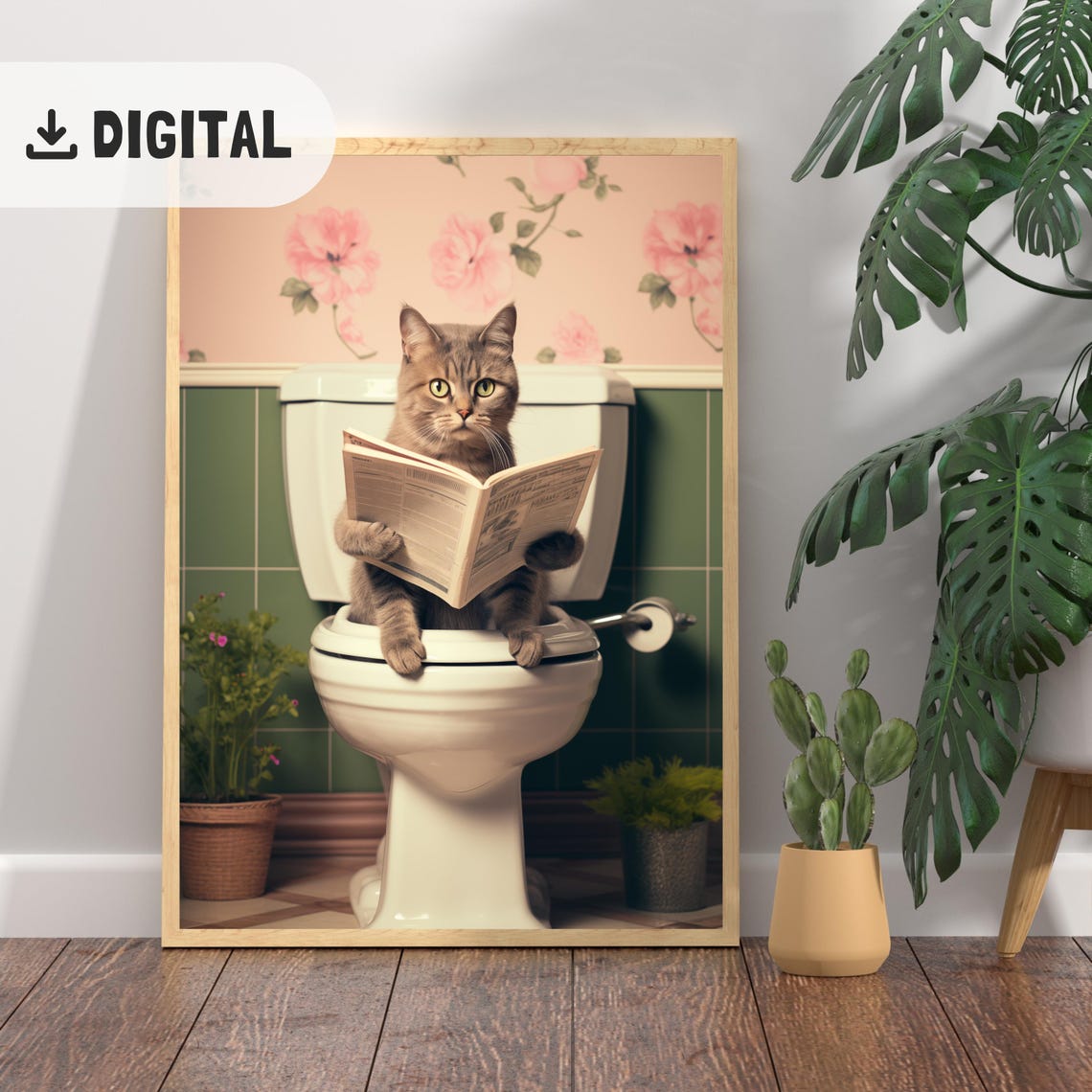 Brown Tabby Cat Reading Newspaper On Toilet Pink Wallpaper Poster