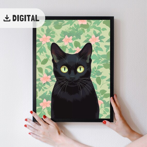 Cute Black Cat Print Vintage Floral Room Art Poster Funny Catful Kitchen Art Aesthetic Bathroom Decor Bedroom Wall Art Cat Lover Gift