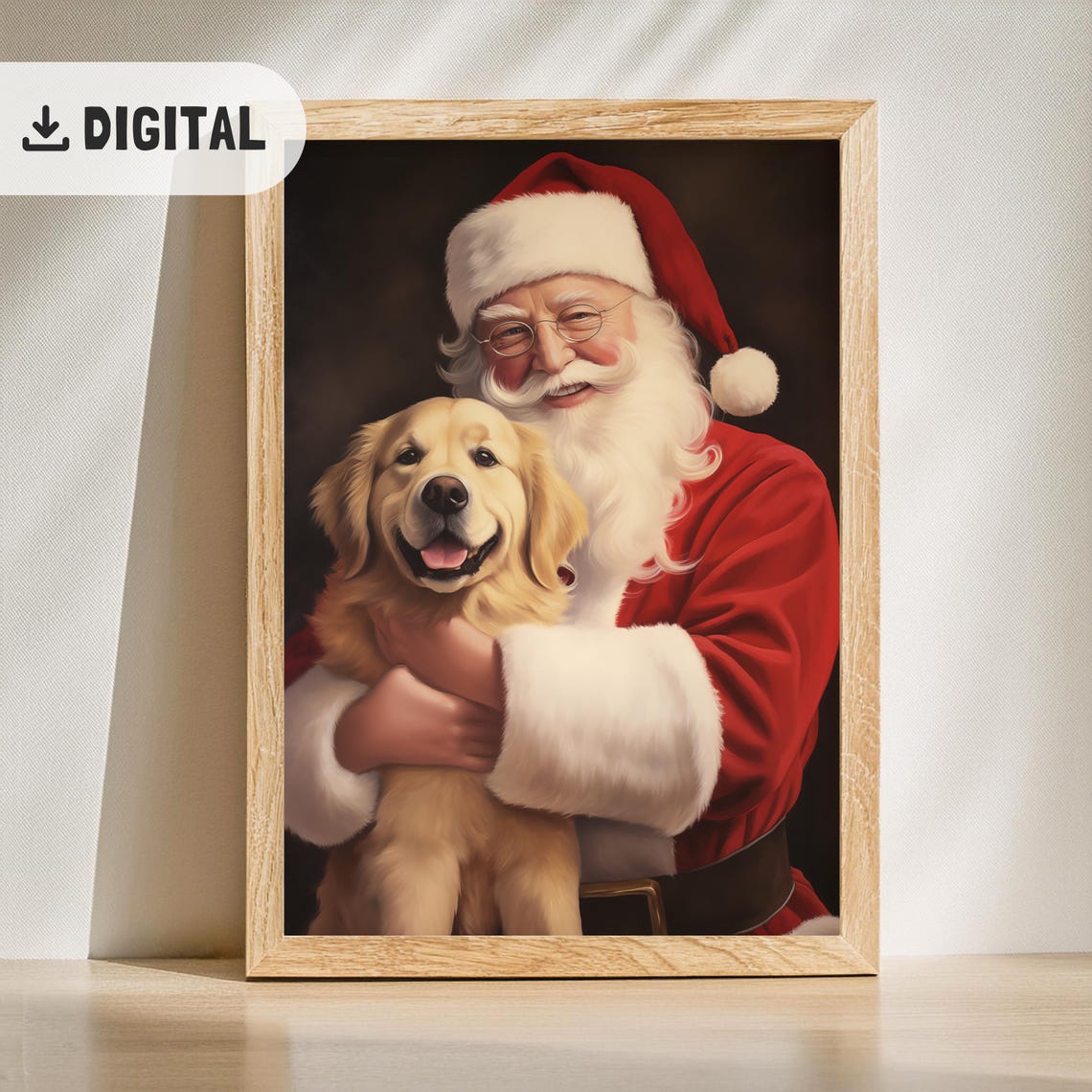 Vintage Santa Claus Hugging Golden Retriever Christmas Poster