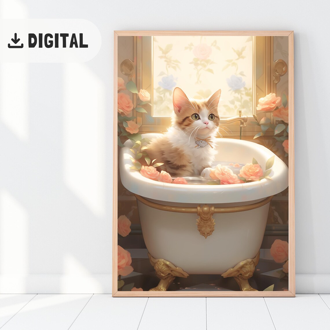 White Cat with Bow Tie Bathing in Clawfoot Tub with Rose Petals Poster - Image 2