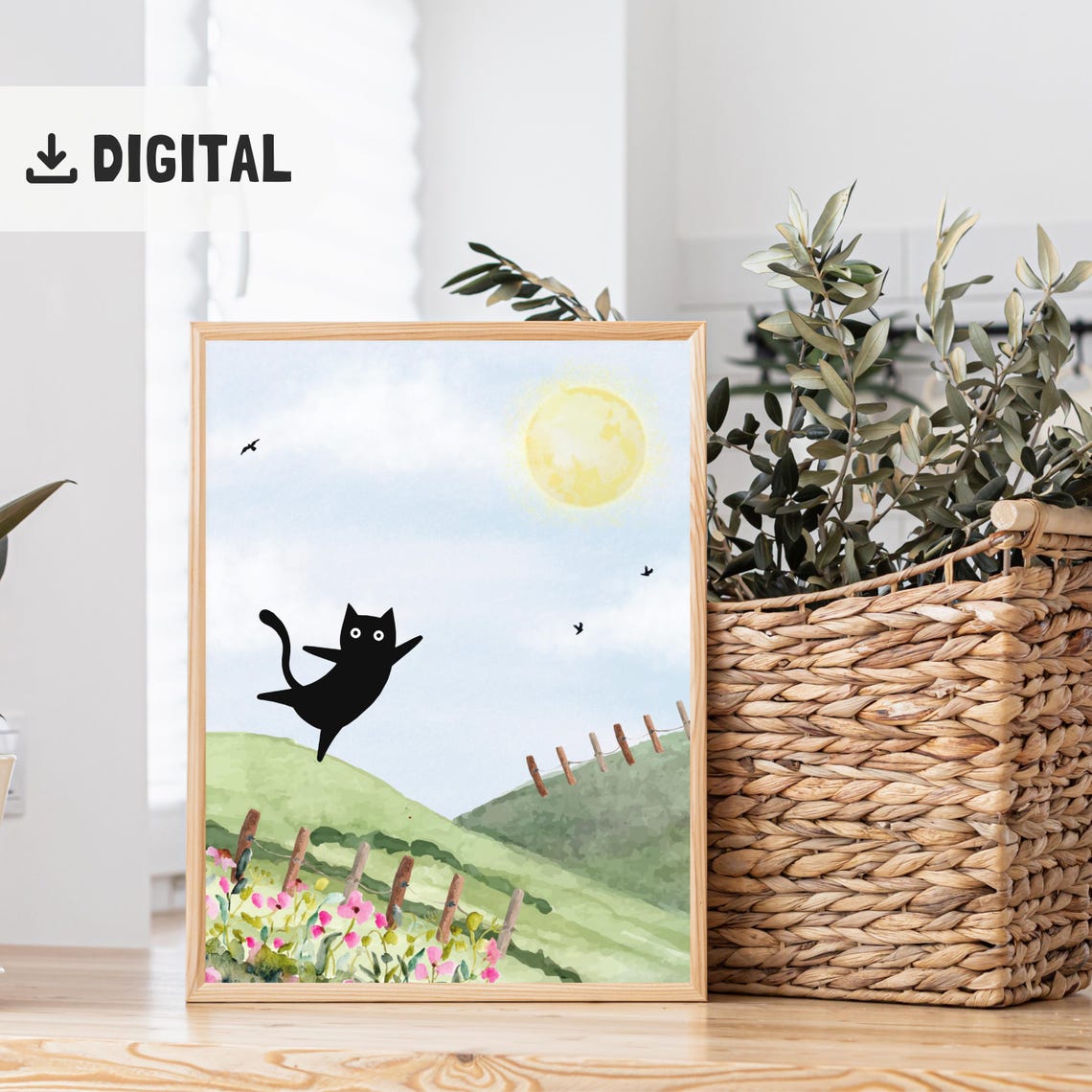 Happy Black Cat Leaping Over Green Hills with Sun Watercolor Poster - Image 2