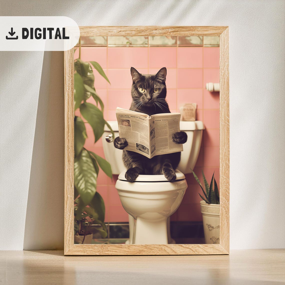 Black Cat Reading Newspaper On Toilet Pink Tile Retro Bathroom Poster - Image 2