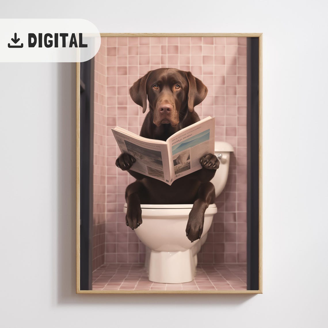 Chocolate Labrador Reading Newspaper on Toilet Funny Dog Poster