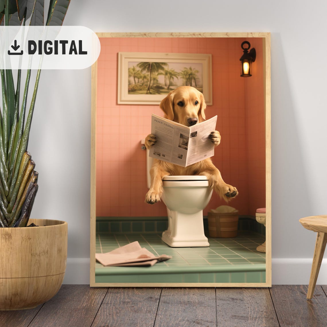 Trendy Golden Retriever Toilet Wall Art Funny Dog Bathroom Decor Quirky Golden Reading Newspaper Print Dogful Toilet Humor Poster Wc Dog Mom