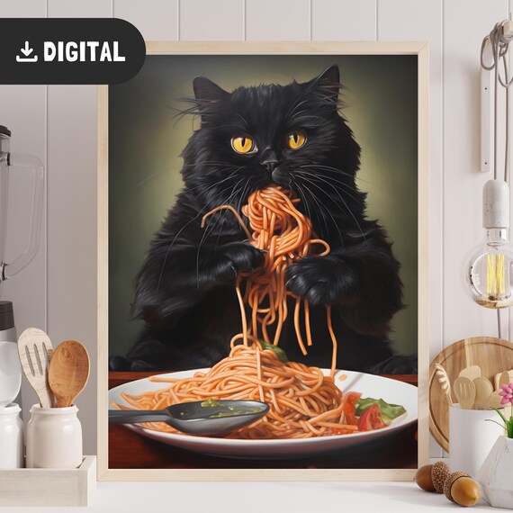 Black Cat Eating Spaghetti Funny Realistic Kitchen Poster Decor