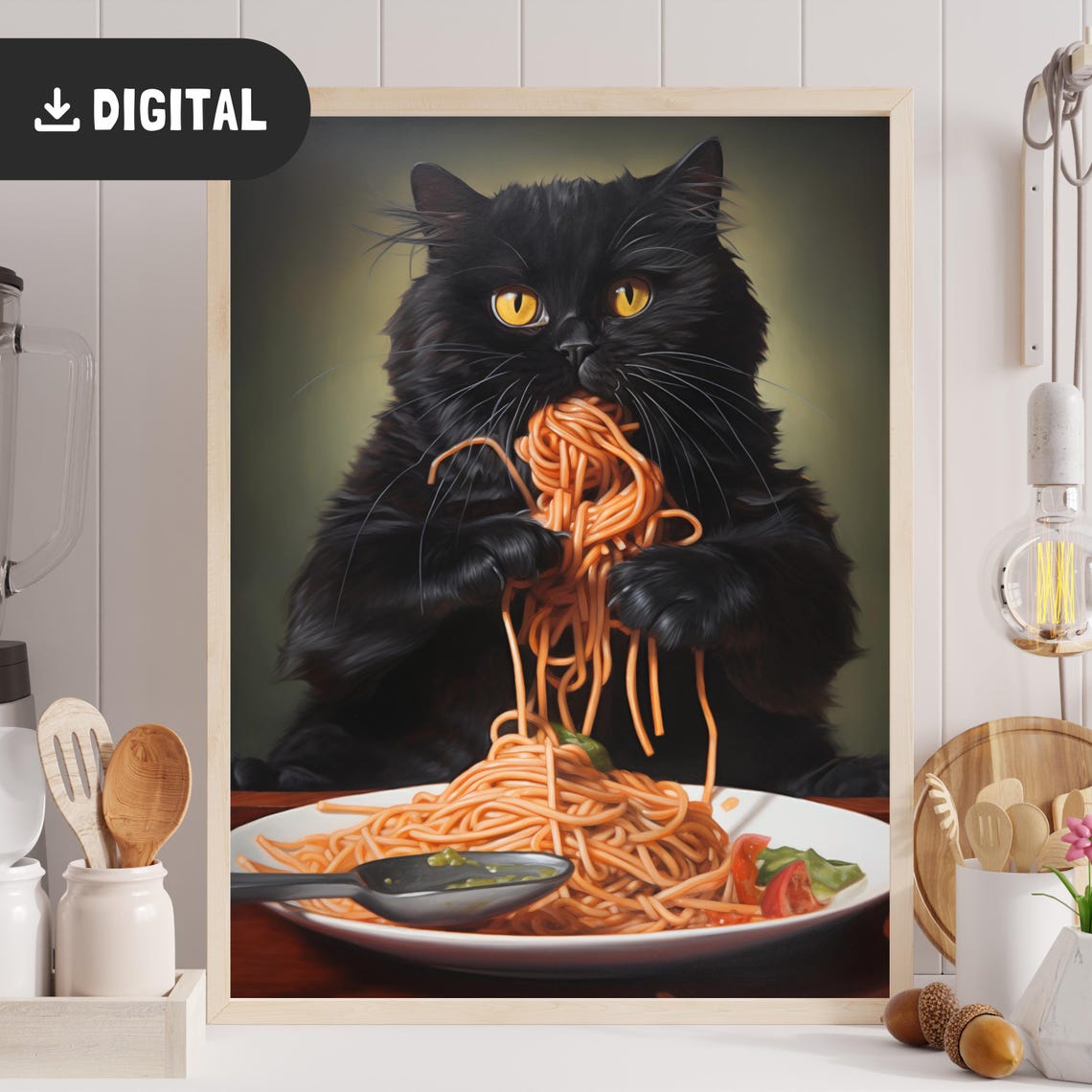 Black Cat Eating Spaghetti Funny Realistic Kitchen Poster Decor