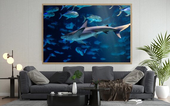 Shark Swimming With Fish School Underwater Ocean Photography Poster