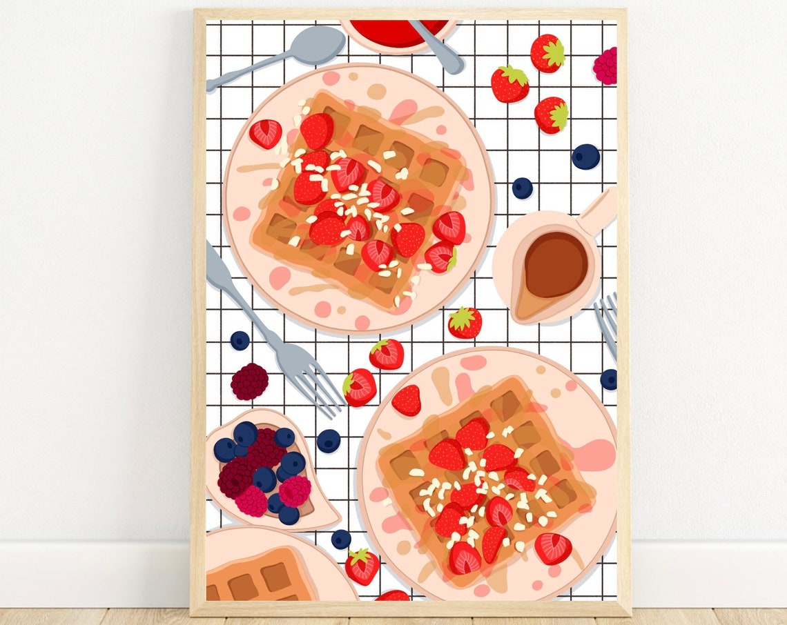 Waffles with Strawberries Breakfast Art Print on Gingham Background